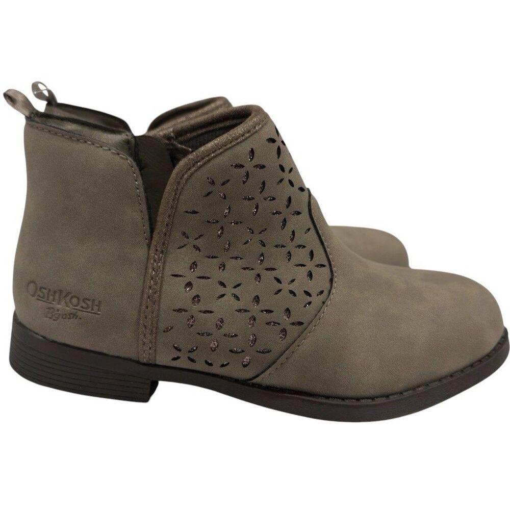 OshKosh Estell Ankle Boots Girls Size 1M Taupe Gray Laser Cut Glitter Booties